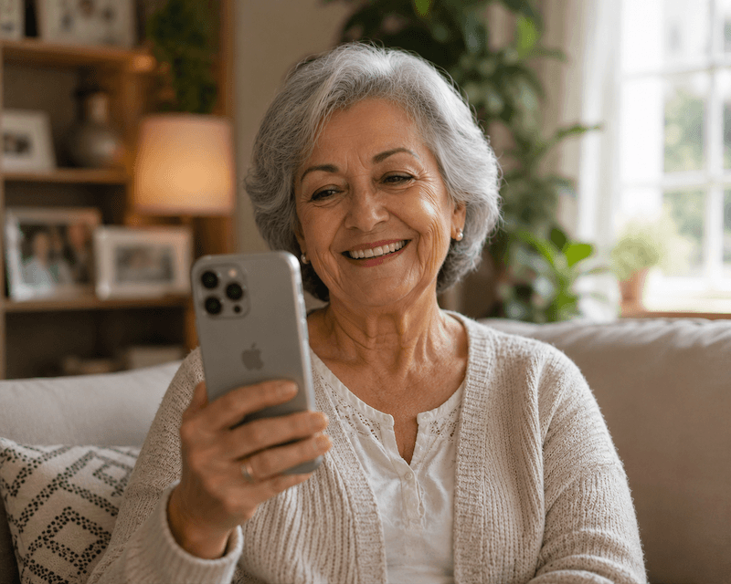An older adult smiling warmly during her daily call at home